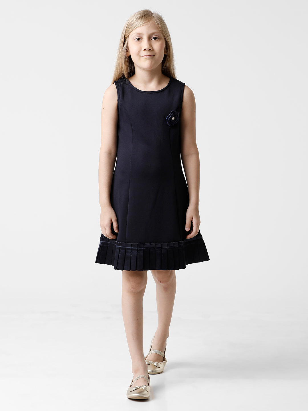 Navy Party Dress with Pleated Bottom and Flower Bow