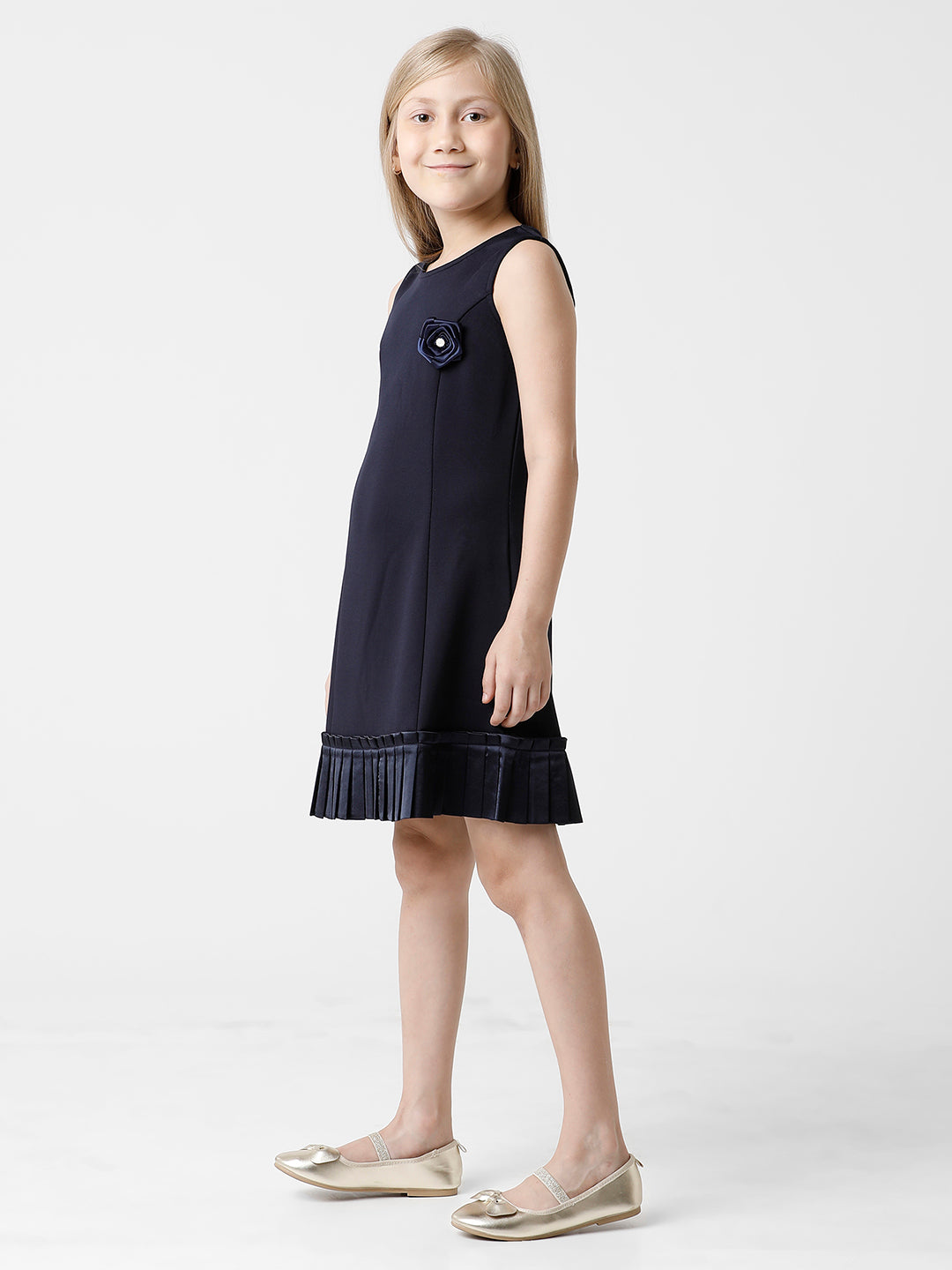 Navy Party Dress with Pleated Bottom and Flower Bow