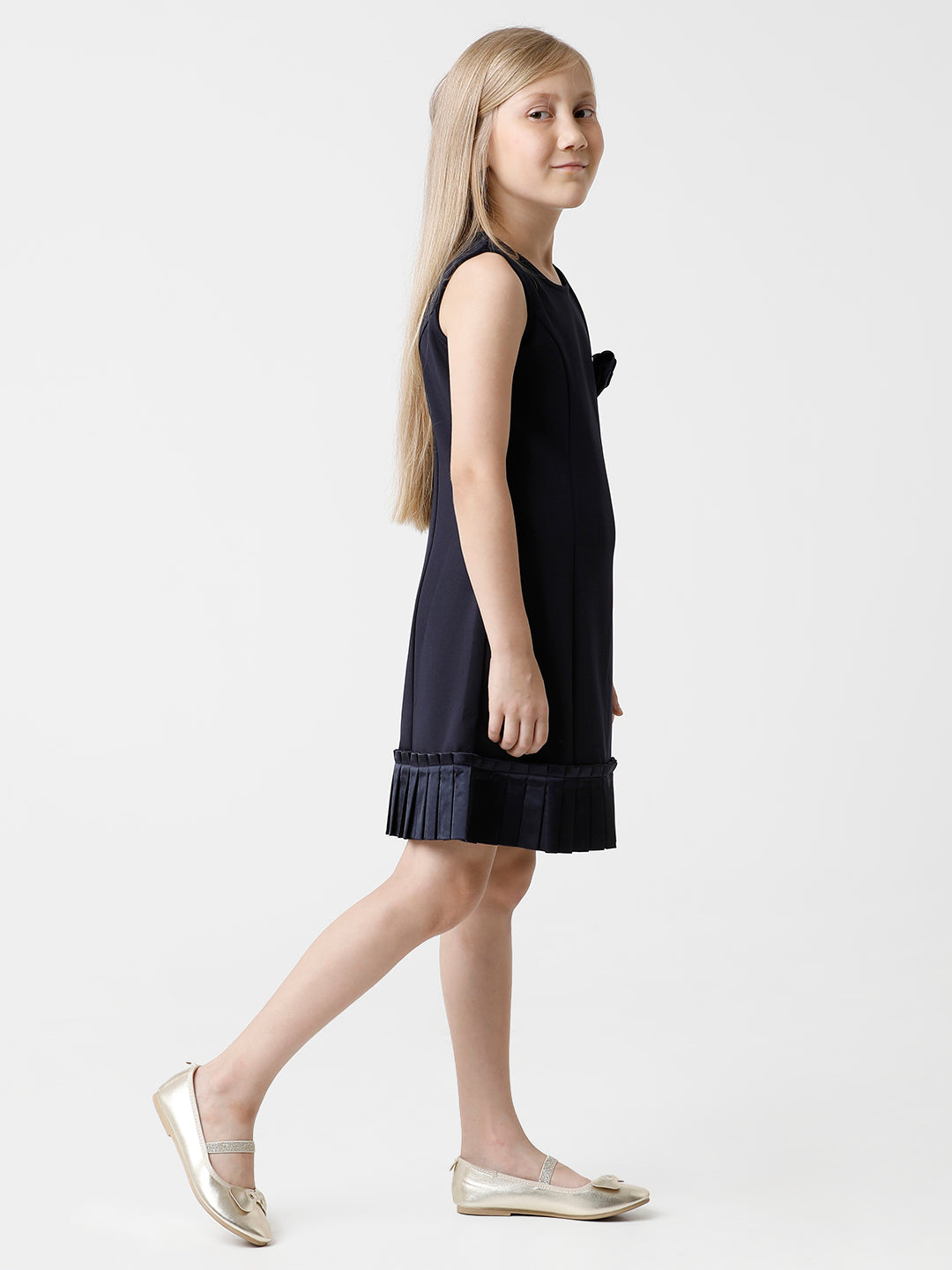 Navy Party Dress with Pleated Bottom and Flower Bow