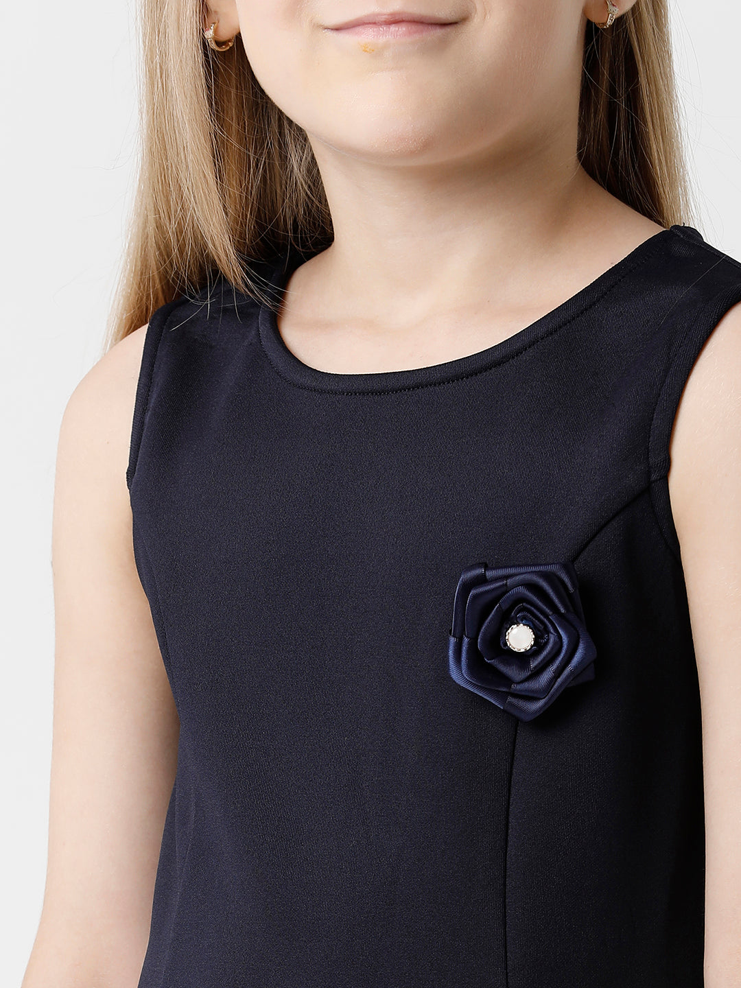 Navy Party Dress with Pleated Bottom and Flower Bow