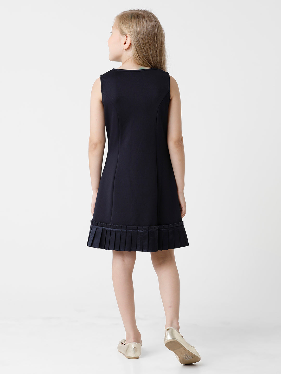 Navy Party Dress with Pleated Bottom and Flower Bow