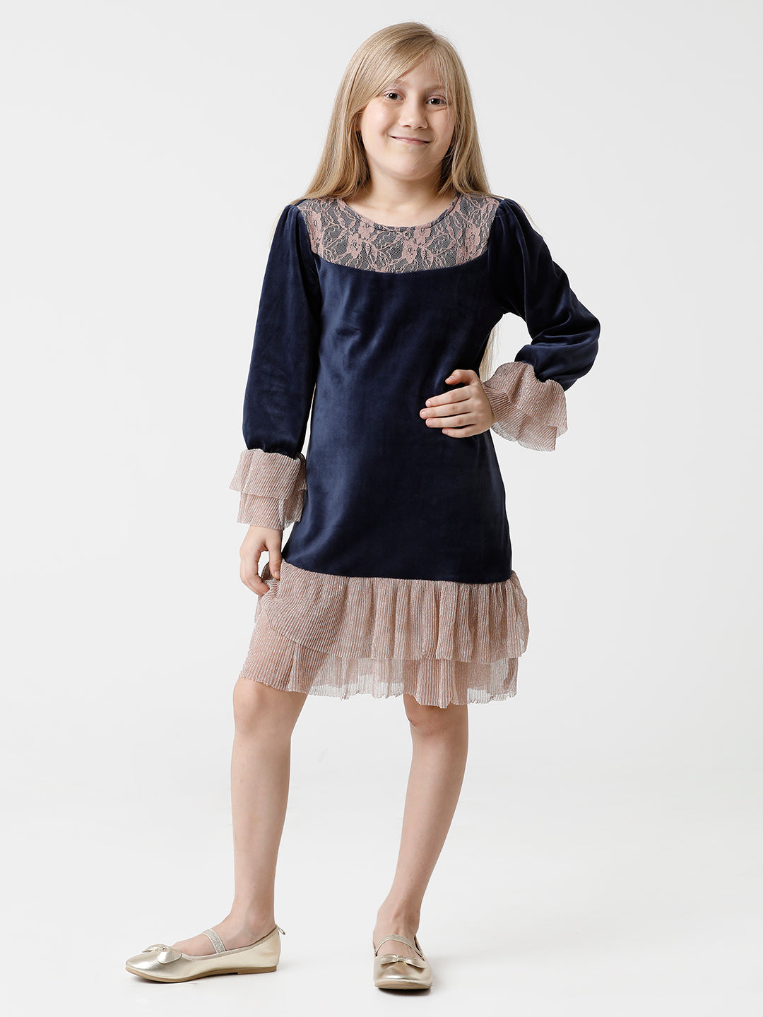 Navy Velour Dress with Layered Bottom