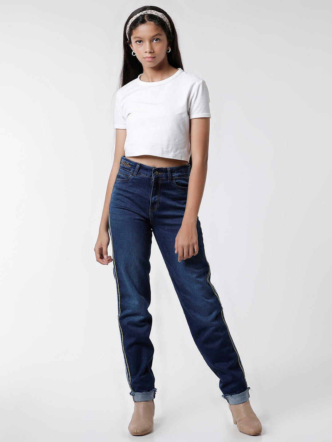 Girls Regular Fit Full Length Washed Jeans