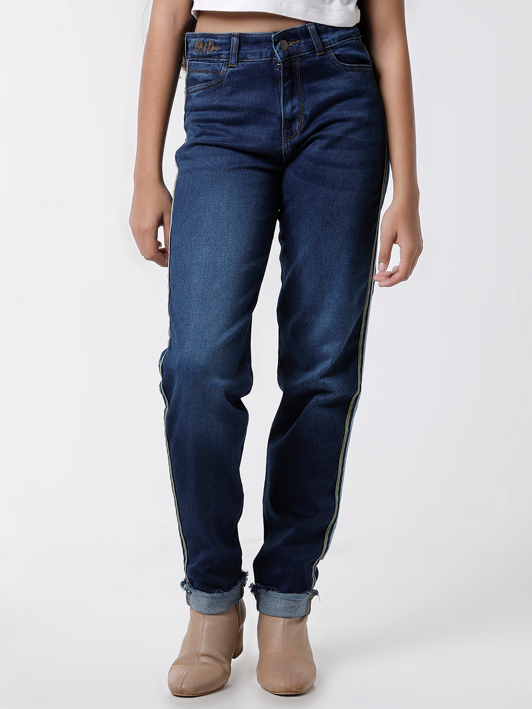 Girls Regular Fit Full Length Washed Jeans